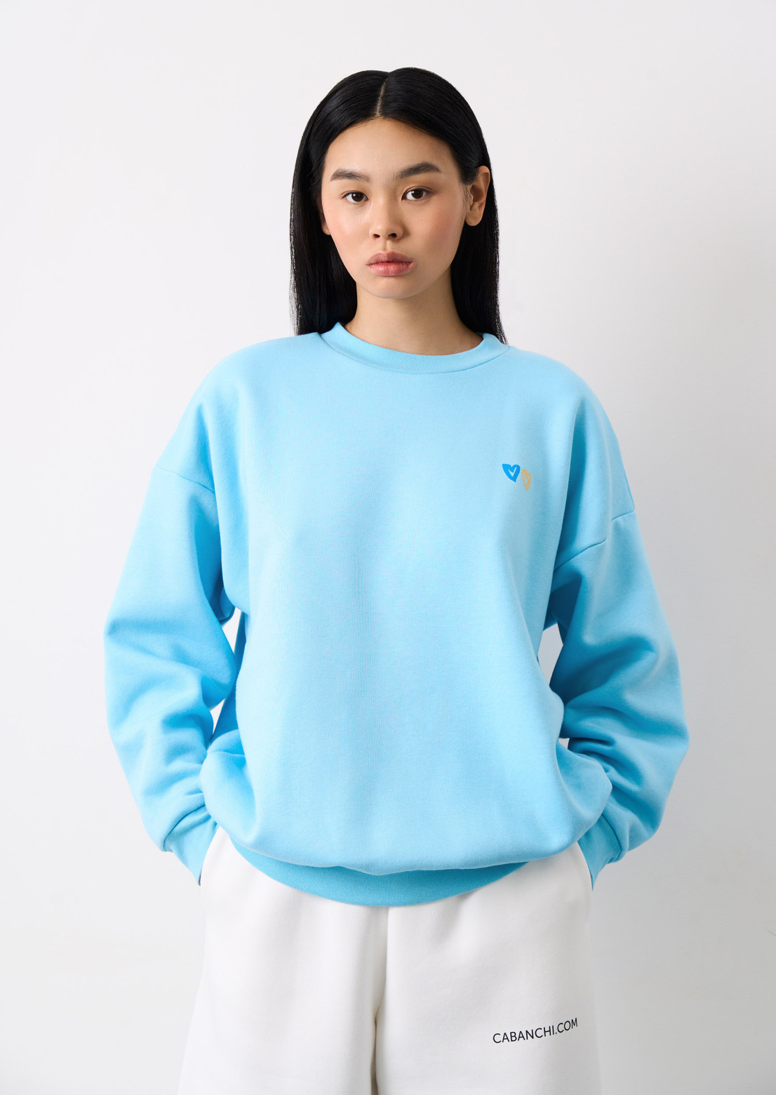 Blue sky color three-thread insulated sweatshirt with print "Два серця" 